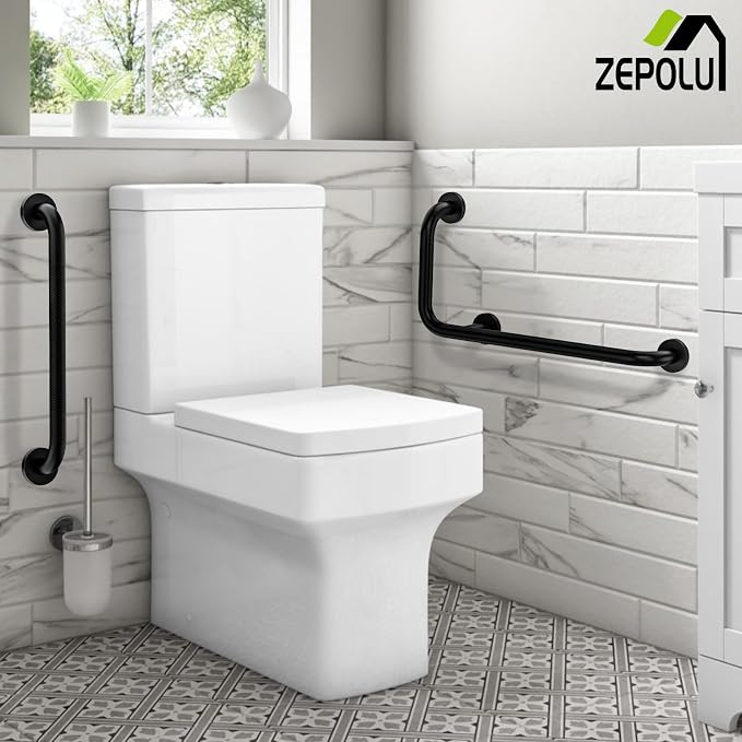Black L-Shaped Grab Bar 12x24 Inch + Knurled Shower Grab Rail 20 Inch, Zepolu Stainless Steel Toilet Safety Bar 90 Degree, Angled Balance Support Assist Bar for Elderly, Bathroom Mobility Aid Handrail