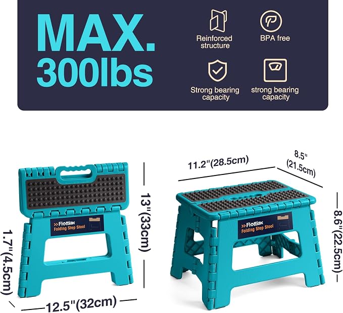 Flottian 9" Folding Step Stool for Adults and Kids Holds Up to 300 lbs,Non-Slip Folding Stools with Portable Handle, Compact Plastic Foldable Step Stool for Bathroom,Bedroom, Kitchen Ocean Blue