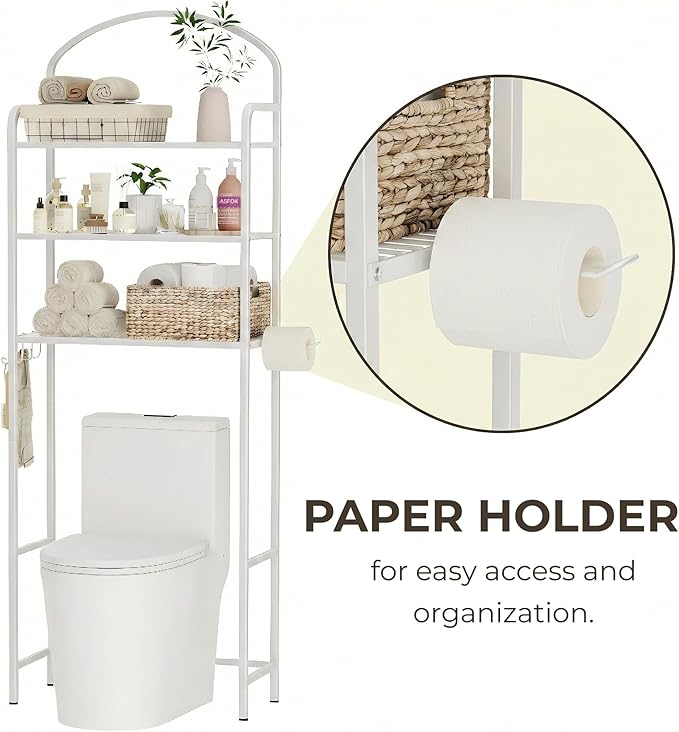 Over The Toilet Storage Rack - 3 Tier Bathroom Organizer with 4 Hooks & Paper Holder - Space Saving Metal Shelf for Bathroom - White Toilet Storage