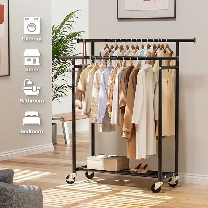 HYSEYY Clothes Rack, Double Rods Rolling Clothing Rack for Hanging Clothes, Portable Garment Rack with Wheels, Coat Rack Wardrobe Closet Load 240 LBS for Bedroom Laundry Room (Black, L)