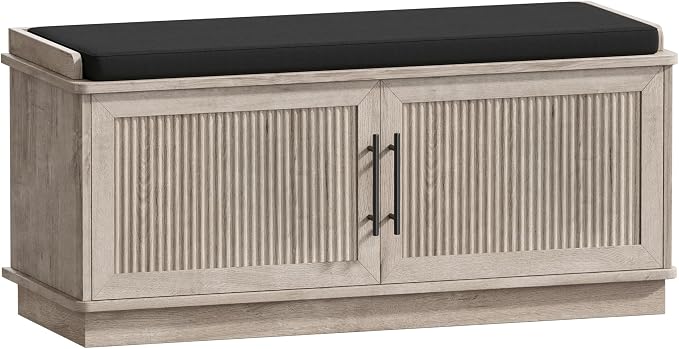 Akxomel Fluted Shoe Storage Bench with Cushion, 39.4" Entryway Bench with Adjustable Shelves and 2 Doors, Shoe Cabinet Bench with Curved Profile, for Hallway, Living Room, Bedroom, Greige