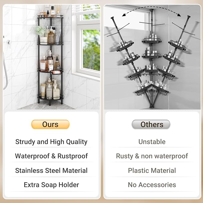 ELYKEN Corner Shower Caddy Standing, 4 Tier Rustproof Metal Shower Organizer with Soap Holder, Floor Shower Corner Shelf Rack Storage Stands with Adjustable Feet & 2 Hooks for Bathroom, Black