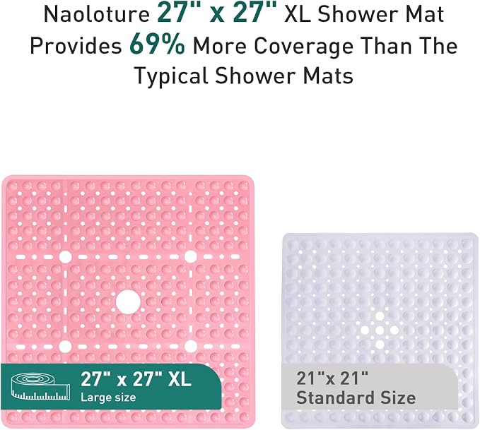 Large Square Shower Mat 27 x 27 Inch Pink, Non Slip Shower Bathtub Mats for Inside Shower with Big Suction Cups Drain Holes, Anti Slip Bathroom Floor Shower Stall Mats, Easy Clean, BPA-Free