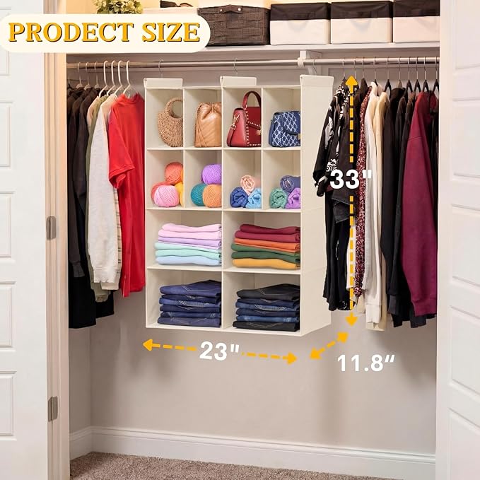 Ofiray-home 4 Tier Hanging Closet Organizer, 12 Compartments Sweater Organizer for Closet with 3 Sturdy Hooks, Closet Organizers and Storage, Wardrobe, Rv, Garment Rack, Beige