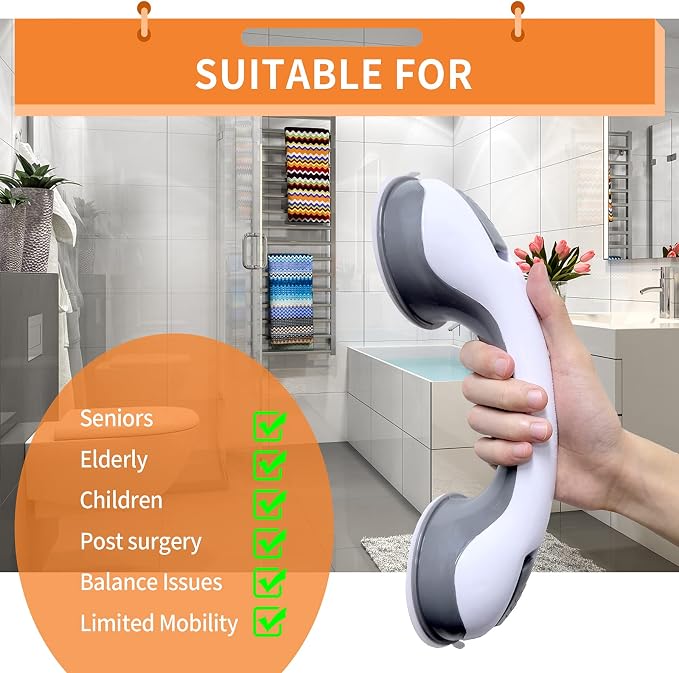 12'' Portable Grab Bars for Bathroom,Ultra Grip Dual Locking Shower Handles for Elderly,Safety Suction Grab Bars for Shower,Balance Assit Hand Rail Support,Injury,Senior,Kids(Gray, 12"-Pack of 2)