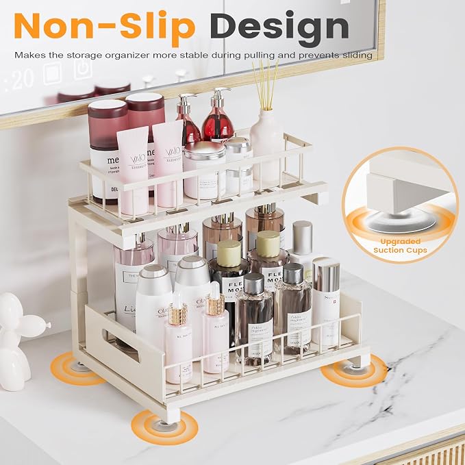 Under Sink Organizer, Heavy Duty Metal Pull Out Cabinet Organizer Slide Out Sink Shelf Organizer Height Adjustable, Multi-Purpose Storage Shelf for Kitchen Bathroom(Sand,2Pack)