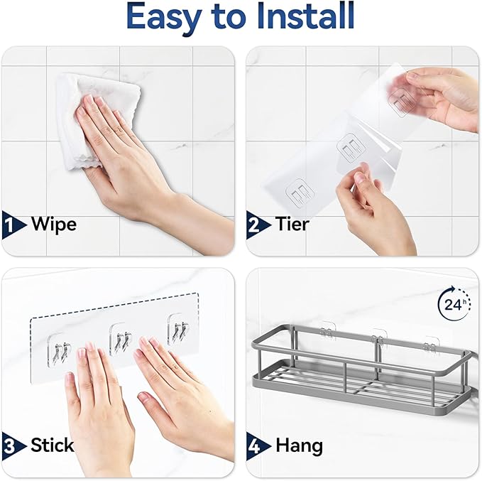 YASONIC Shower Caddy Adhesive, No Drill Bathroom Shower Organizers, with Removable Hooks, Rust Proof Shower Shelves, Wall-Mounted Shower Holder, Grey, 2 Pack