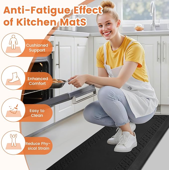 4/5 Inch Thicker Kitchen Mats for Floor Non-Slip Anti Fatigue Comfort Mat Waterproof Kitchen Rug for Sink, Office,Home Stain Resistant Standing Desk Rugs-17.3"x 47", Black