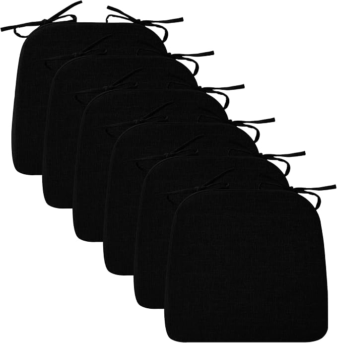 Ruqmuis Chair Cushions for Dining Chairs, 2" Thick Seat Cushions for Kitchen Chairs, D-Shaped Chair Pads with Washable Cover, Ties and Non Slip Backing, 17'' x 16'', Set of 6, Black