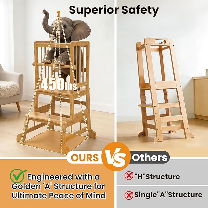 HBTower Kids Kitchen Step Stool with Safety Rails & Anti-Slip Feet,Toddler Standing Tower for Kitchen Counter Learning - Hold Up to 450lbs,Anti-Slip Feet Toddlers Learning Tower,Natural Bamboo