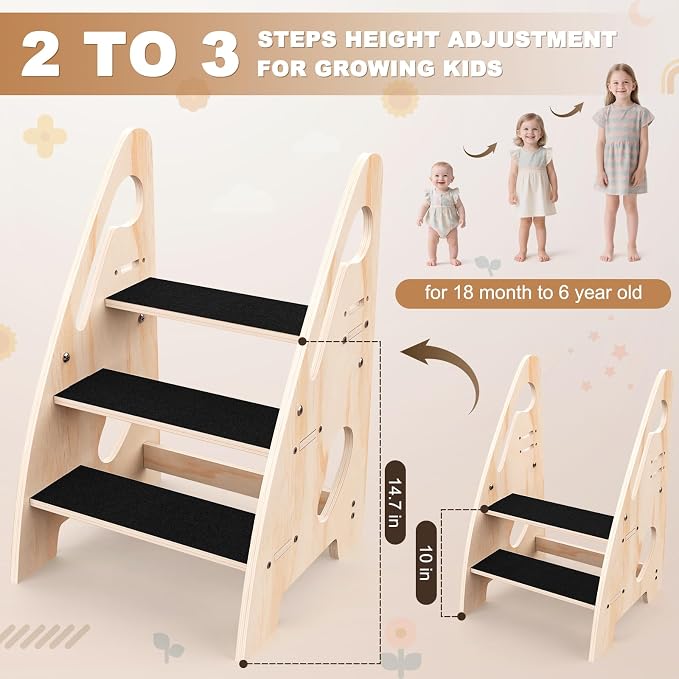 Toddler Step Stool, Wooden Height-Adjustable 3-Step Stool for Kids, Potty Training Stool with Handles and Non-Slip Pads for Bathroom Sink, Kitchen, Bedroom