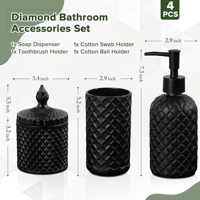 RYTOXILO Matte Black Bathroom Accessories Set, 4 Pack Black Bath Accessory Sets Complete, Diamond Glass Soap Dispenser and Toothbrush Holder Set for Countertop, Gothic Decor Organizer Essentials