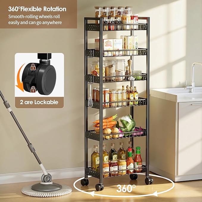6 Tier Slim Storage Cart, Narrow Rolling Cart with Wheels, Narrow Mobile Utility Shelf Unit Organizer for Kitchen, Bathroom, Laundry Room, Living Room, Small Places, 6in(W), Black
