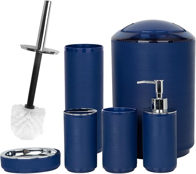 CERBIOR Bathroom Accessories Set 6 Piece Bath Ensemble Includes Soap Dispenser, Toothbrush Holder, Toothbrush Cup, Soap Dish for Decorative Countertop and Housewarming Gift (Blue)