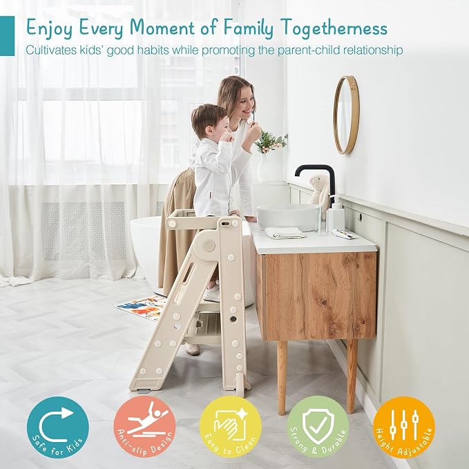 Forbena Collapsible Montessori Learning Standing Tower for Toddlers, Foldable Toddler Kitchen Stool Helper, Adjustable Plastic Kids Children Stepping Stool for Counter Bathroom Sink (Apricot)