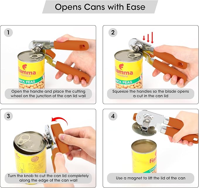 Beneno Heavy Duty Hand Can Opener Manual with Magnet, Durable Sharp Carbon Steel Blade Smooth Cutting, Big Effort-Saving Knob, Soft Grip Handle, Multifunctional Kitchen Tool with Bottle Opener, Orange