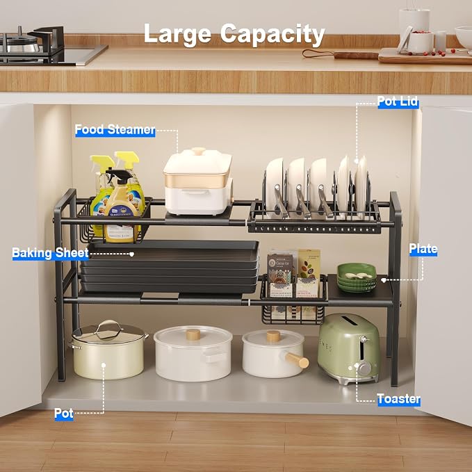 Mustorn Pots and Pans Organizer Under Cabinet, Expandable 2 Tier Under Sink Organizers Storage Adjustable Height Kitchen Pot and Pan Lid Holder Rack with 6 Dividers(4panels,2baskets,1 Pot rack,Black)