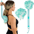 Vive Long Handled Loofah on a Stick - Mesh Back Sponge for Bath, Reusable w/Extra Pouf - Exfoliating Scrubber for Elderly & Disabled, Soft Loofa for Bathing Men & Women