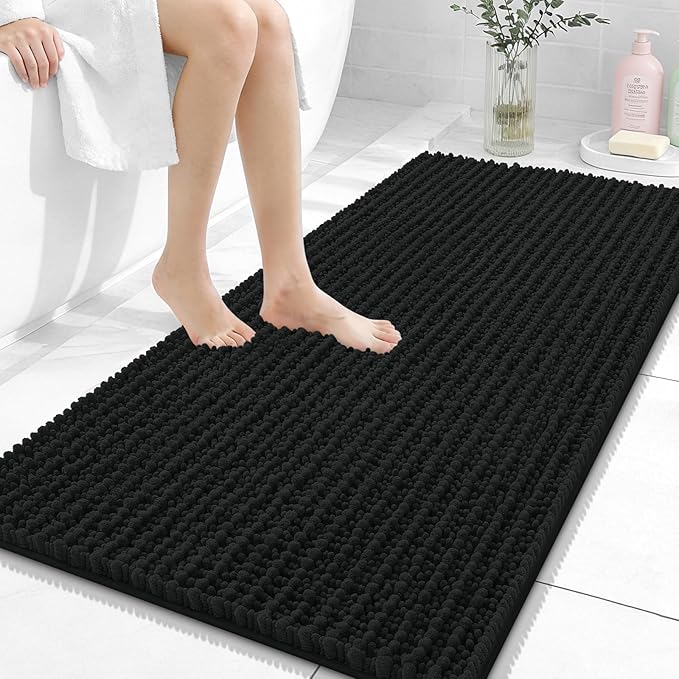 OLANLY Long Bathroom Rugs Runner 47x24, Thick Soft and Absorbent Chenille Bath Mat, Non-Slip, Machine Washable Quick Dry Bath Rugs for Tub Shower Floor, Home Decor Accessories, Black