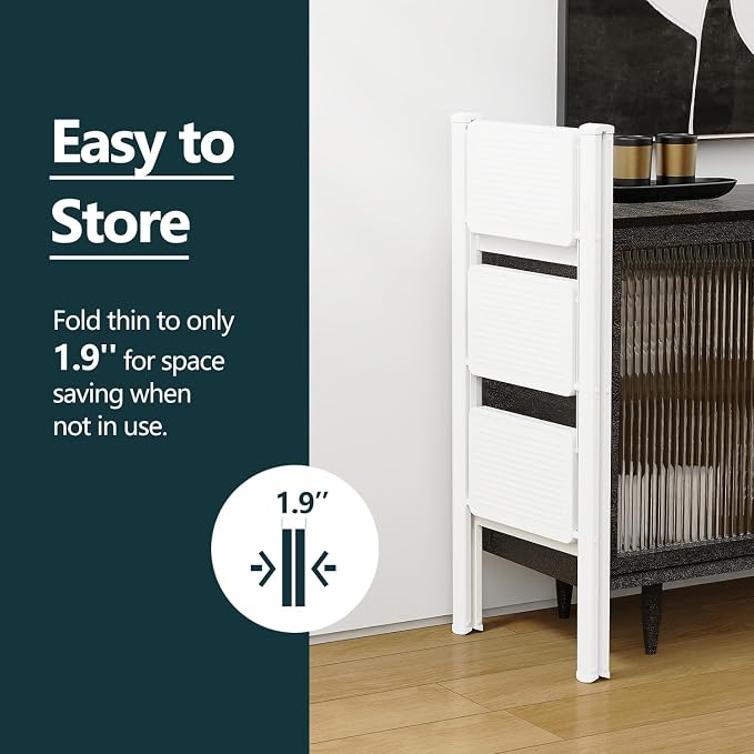 WOA WOA Step Ladder for Home, Foldable Step Stool for Kitchen with Non-Slip Pedals, Sturdy Ladders Supports up to 330 lbs, Compact and Portable - 3 Step/White