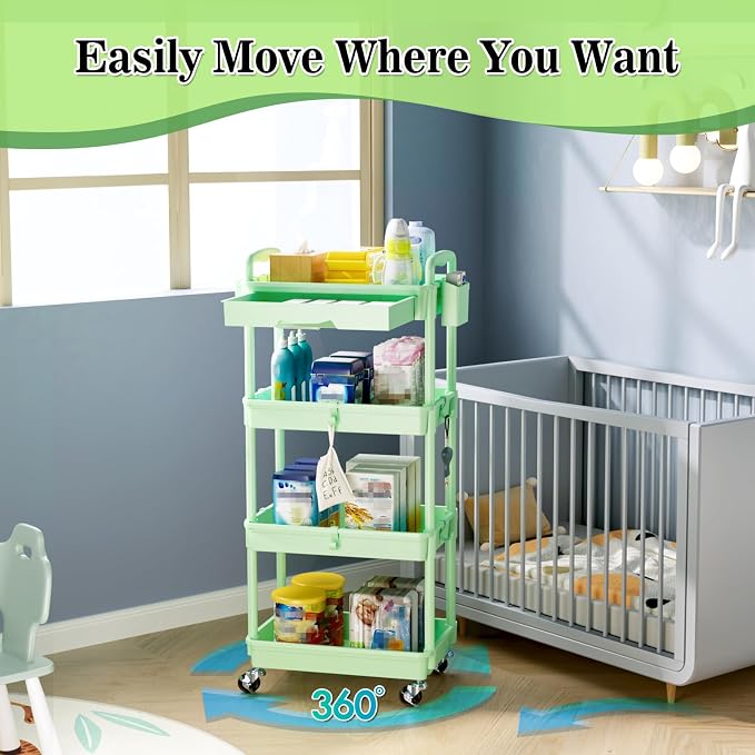 SUNALLY 4 Tier Rolling Utility Cart with Drawer, Storage Organizer Cart with 2 Lockable Wheels, Multifunctional Rolling Storage Cart for Bathroom, Kitchen, Craft, Makeup, Baby Essentials, Green