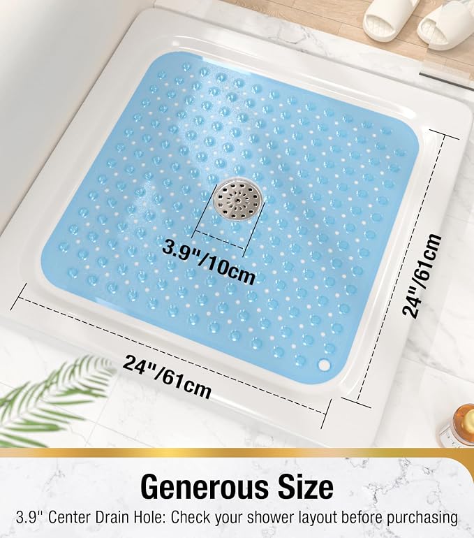 HITSLAM Shower Bathtub Mat Non Slip, 24"x 24" Bath Mat for Tub, Soft PVC Shower Mats for Inside Shower with Suction Cups and Center Drain Hole, Machine Washable Bathroom Floor Mat, Blue