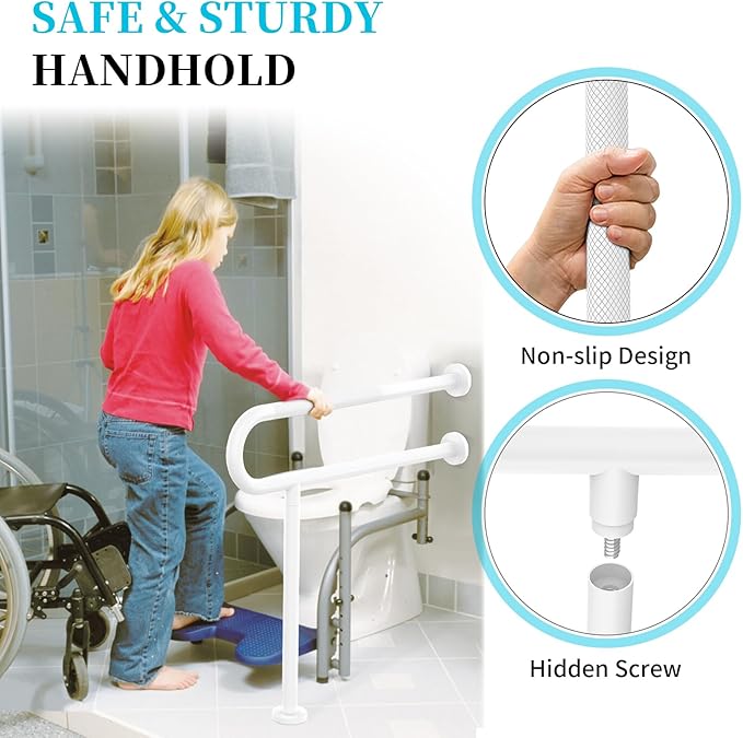 White Toilet Support Rail 32 Inch, Munzong Anti-Slip Floor to Wall Handicap Grab Bar for Bathroom, Stainless Steel Knurled Safety handrails with Leg for Elderly Disabled Pregnant-1.25’Tube