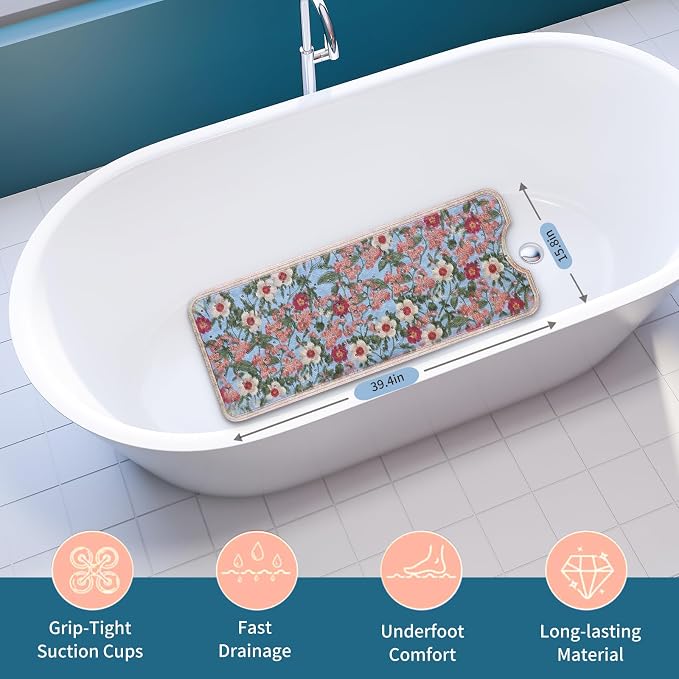Deluxe Bathtub Mat Non Slip,Machine Washable Bathtub Floor Liner Mats, Suction Cups and Drain Holes to Keep Tubs Clean, Soft on Feet, Bathroom Essentials, 39.4x15.8 Inch