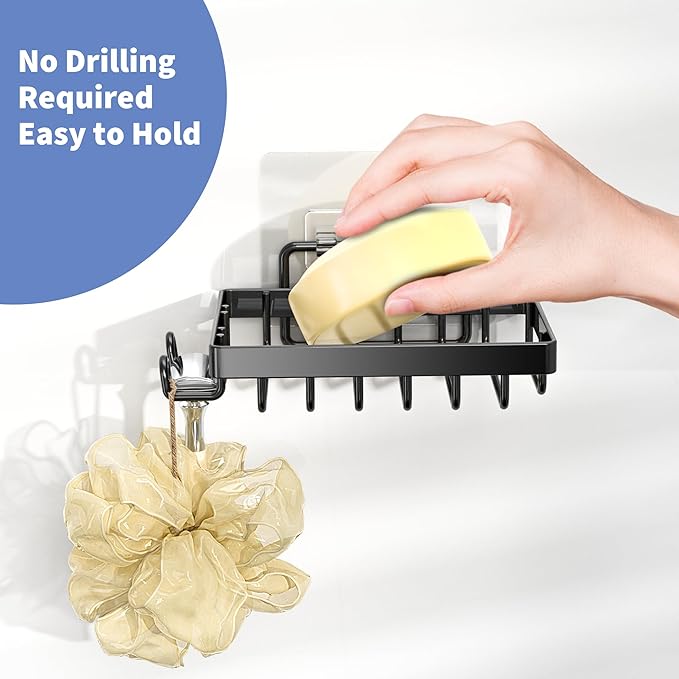 Moforoco Black Soap Dish, Soap Bar Holder for Shower, No Drilling Bathroom Accessories, Wall Mounted Soap Holder with Hooks, Shower Rack Tray Bar for Suitable for Bathroom, Kitchen Sink