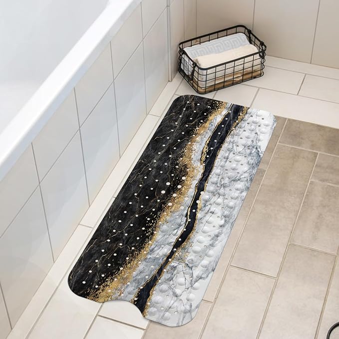 LNOND Marble Bath Tub Mat Non Slip, Extra Long 40 X 16 Inch Anti Slip Mat for Bathtub, Black Grey Marble Shower Mat with Drain Holes and Suction Cups, Machine Washable