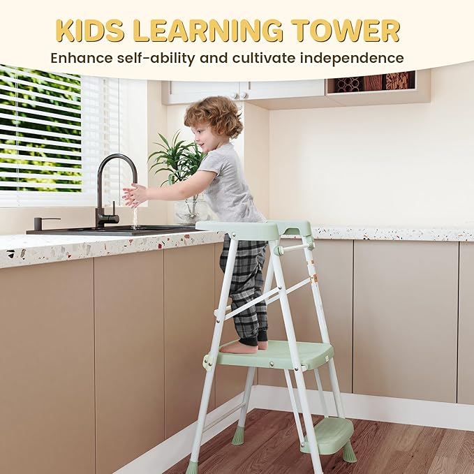 HBTower Kids Step Stool 2 Steps with Anti-Drop Safty Railing, Toddler Tower for Kitchen Counter Learning, Toddler Kitchen Stool Helper,Kids Standing Folding Stepper (Green)