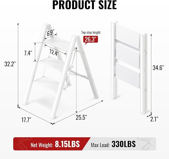 3 Step Ladder, Aluminum Folding Step Stool with Anti-Slip Sturdy and Wide Pedal, Lightweight Portable Stepladder for Home and Kitchen Use Space Saving, Cream White, 330 lbs