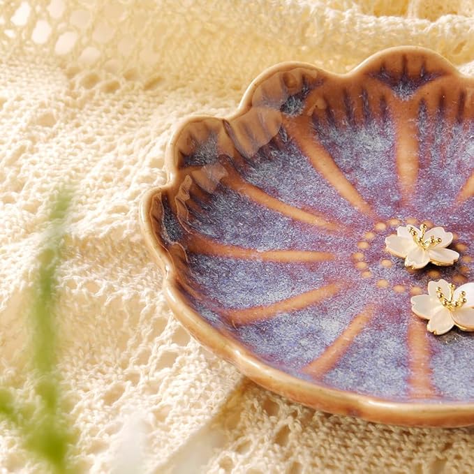 Lotus Ring Holder Dish Small Indoor Ash Tray, Ceramic Dessert Plate Trinket Jewelry Holder Organizing Necklace Earrings for Parents Friends Sister, Deep Purple. All Jewelries Are NOT Included.