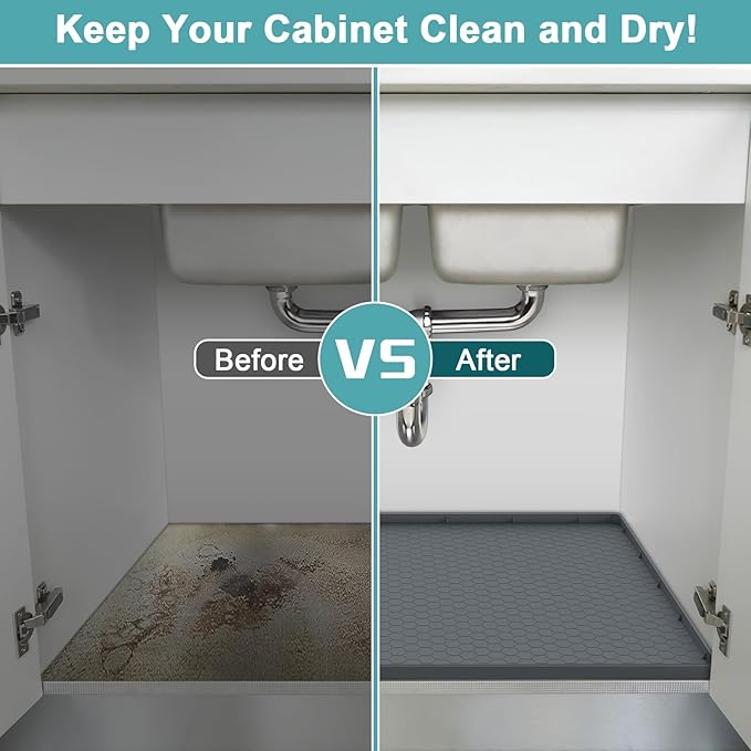 Silicone Under Sink Mat 25 x 19, Waterproof Under The Sink Mat for Kitchen, Under Kitchen Sink Mats and Protectors, Under Bathroom Sink Mat, Cabinet Liner Shelf Liner Gray