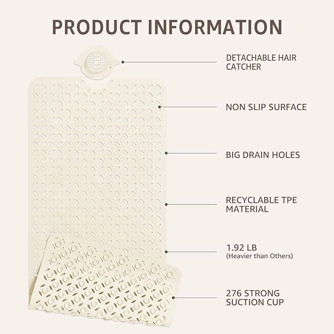 OTHWAY Bath Mat for Tub Non Slip: 39" X 17" Long Bathtub Mat with Hair Catcher│Big Drain Holes Shower Mats for Inside Shower│Machine Washable (Beige)