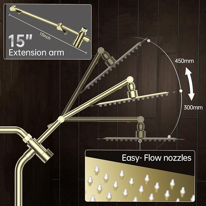 Veken All Metal 10" Shower Head with Handheld, Luxurious Square Double Rain Shower Heads with Spray Combo, Dual High Pressure Detachable Rainfall Showerhead with Extension Arm, Long Hose,Brushed Gold
