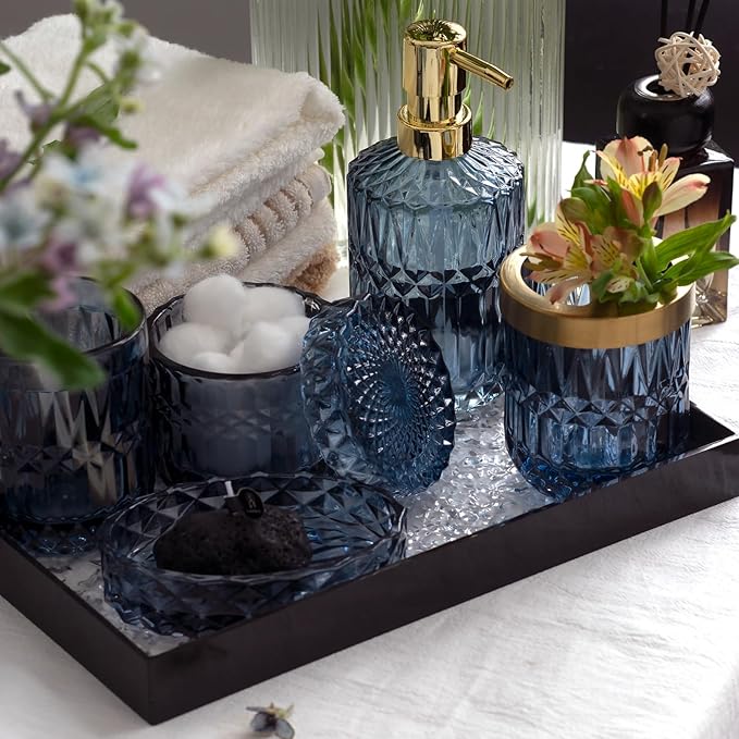 EMPO 6PCS Bathroom Clear Glass Accessories Set (Lotion Soap Dispenser, Soap Dish, Toothbrush Holder, Tumbler, Cotton Swab Jar), Contemporary Modern Decor Crystal Vintage Gift (6pcs Blue)