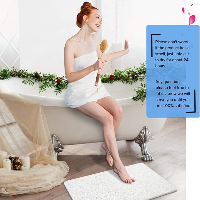 godehone Shower Mats Non Slip Without Suction Cups, PVC Loofah Bathroom Mats, Loofah Mats for Shower and Bathroom, Quick Drying, 23.6× 34.6 Inch, White