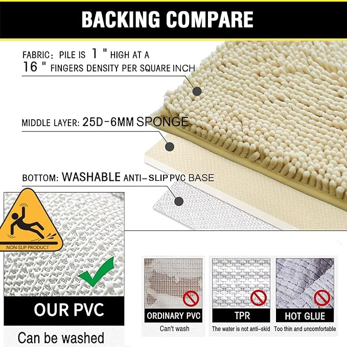 Bath Rugs Chenille 3-Piece Extra Soft and Absorbent Shag Beige Bathroom Rugs, Machine Wash Mat, Strong PVC Non-Slip Underside, Plush Carpet Mats (Beige)