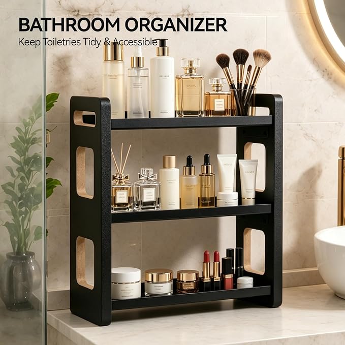 3-Tier Black Bathroom Countertop Organizers and Storage, Vanity Bathroom Sink Organizer Shelf for Skin Care Makeup Cologne and Perfume, Kitchen Countertop Spice Rack Organizer