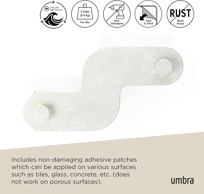 Umbra Nami Shower Caddy Set of 2 – Adhesive Shower Shelf, No Drill Wall Mounted Bathroom Organizer, Rust-Free Plastic Shower Storage Baskets for Shampoo & Toiletries, Ocean Sand