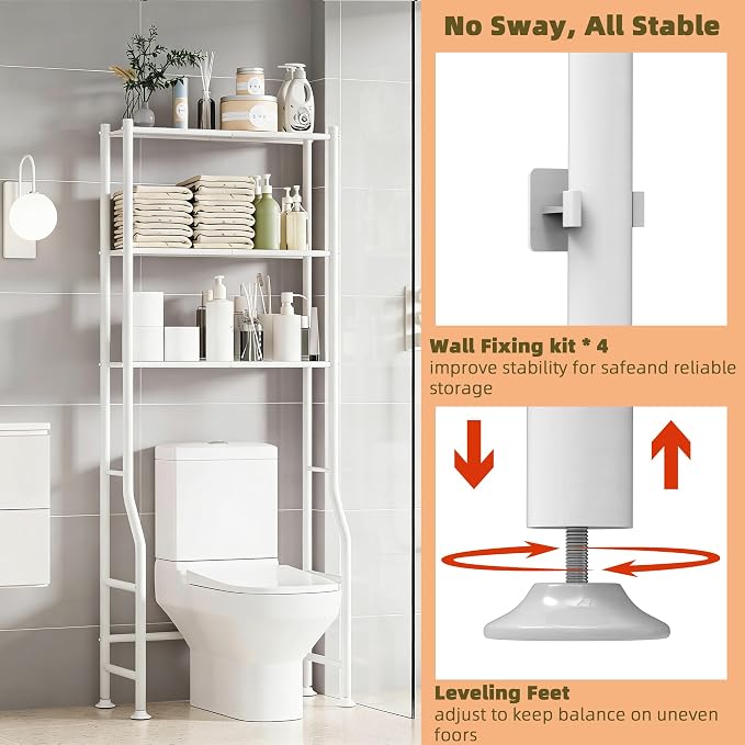 Livilord 3-Tier Over The Toilet Storage Rack, Space Saver Metal Bathroom Shelves, Freestanding Over Toilet Bathroom Organizer for Bathroom/Living Room (White)