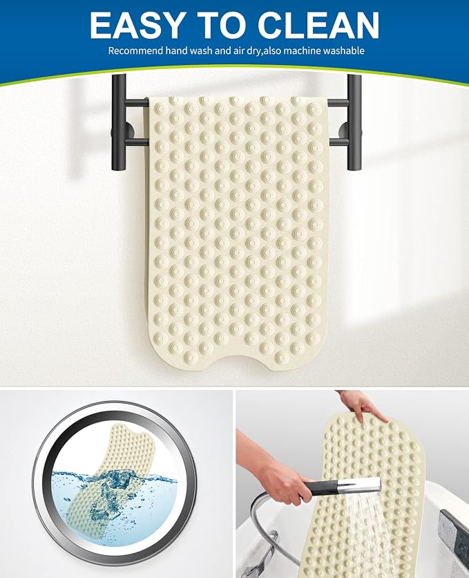 Bligli Bathtub Mat Non-Slip Without Suction Cups, 39x16inch Extra Long Bath Mats for Shower Bathroom, Machine Washable Natural Rubber Shower Tub Mat (39x16inch, Beige)