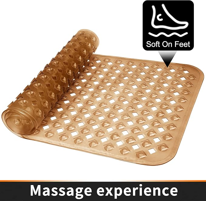 Yimobra Bathtub Mat Non Slip, Super Strong Suction Cups, 27.5"X15.5" Long Shower Mat with Drain Holes, Machine Washable Fast Draining Bath Mats, Bathroom Essentials,Clear Brown