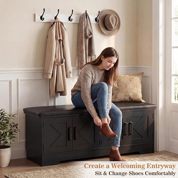Farmhouse Shoe Storage Bench with Cushion - 43.3" Entryway Bench with Storage & 4 Barn Doors, 2-Tier Wooden Shoe Rack Bench, Hidden Shoe Cabinet & Mudroom Bench for Bedroom Hallway Living Room, Black