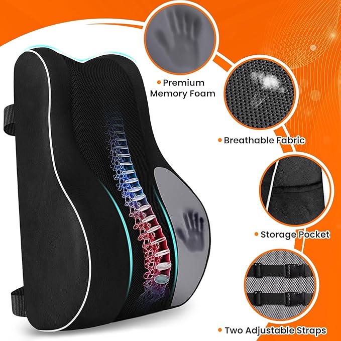 CloudBliss Ergonomic Lumbar Support Pillow – Memory Foam for Lower Back Pain Relief, Adjustable Straps & Mesh Cover for Office, Gaming, Car Seat & Home Essentials (XL, Black)
