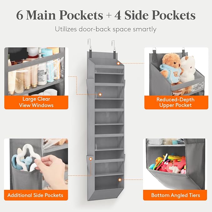 Lifewit 1 Pack Over the Door Organizer, 6 Section Clear Window Hanging Storage with 4 Side Pockets, Sturdy Anti Tilt 40 lbs Load Behind Door for Closet, Bedroom, Bathroom, Nursery, Dorm, Gray