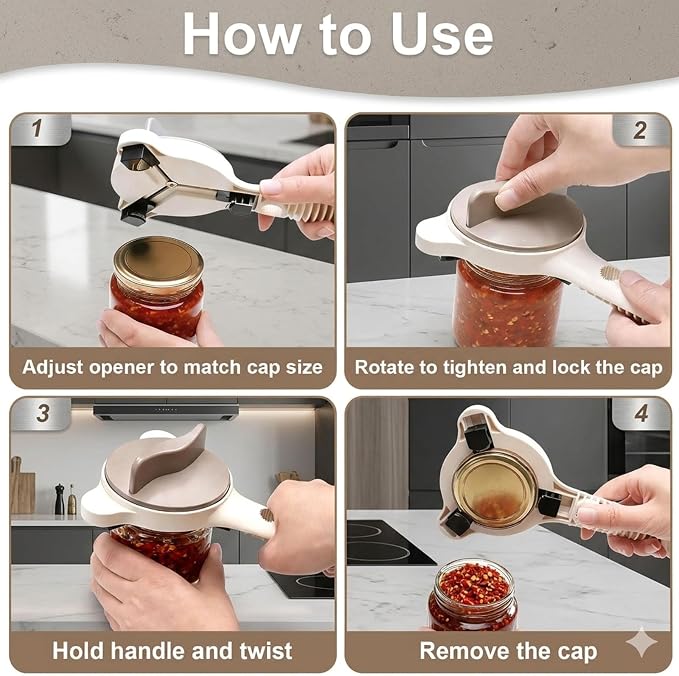 4-in-1 Jar Opener, Adjustable Bottle Lid Opener for Elderly and Arthritis Sufferers, Easy Grip for Weak Hands, Non-Slip, Effortless for Tight or Refrigerated Lids, Multi-Size for Jars Bottles(Beige)