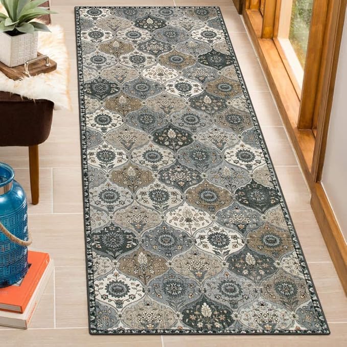Lahome Moroccan Trellis Washable Runner Rug, 2x6 Runners for Hallways 6 Feet Non Slip Vintage Laundry Room Rug Vintage Ultra-Thin Long Carpet for Kitchen Bedroom Elise, Grey