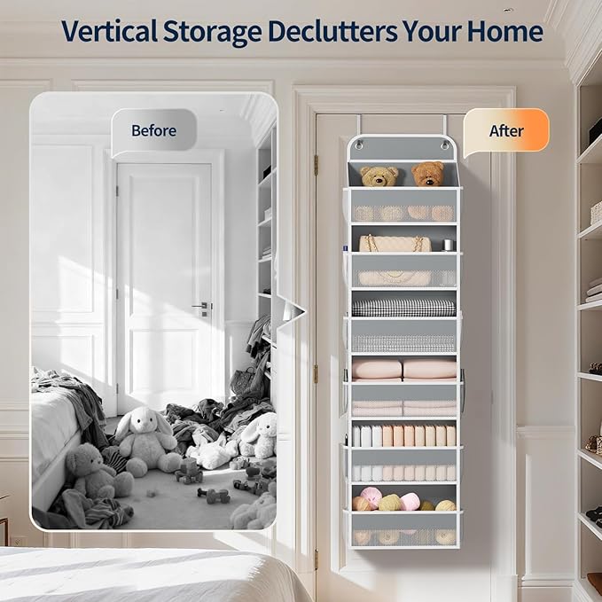 Yecaye Over Door Organizer, 60 lbs Load Capacity, Metal Hanging Storage with 6 Shelves for Toys, Bathroom, Nursery, Dorm Room, Grey,1Pc
